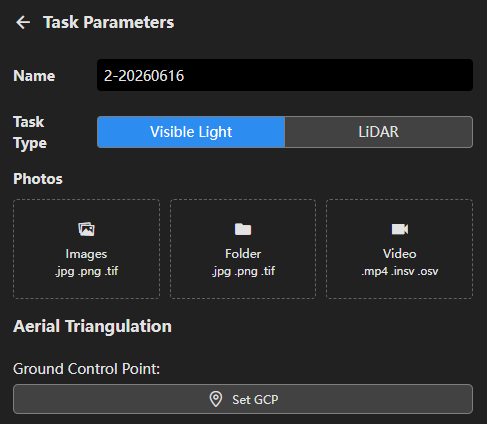 MipMap interface displaying the task parameters panel for 3D reconstruction