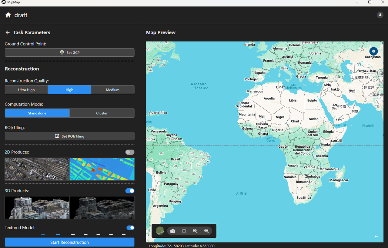 MipMap interface showing options for reconstruction quality